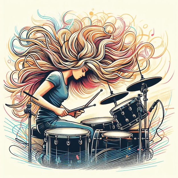 Vector vector a girl with long hair playing the drums poster art