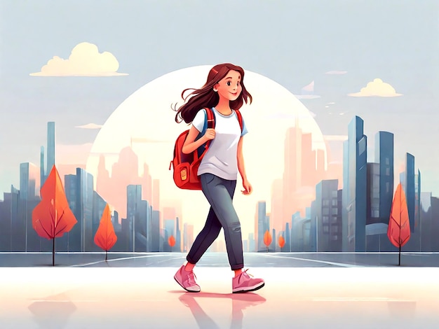 Vector vector girl with schoolbag walking isolated