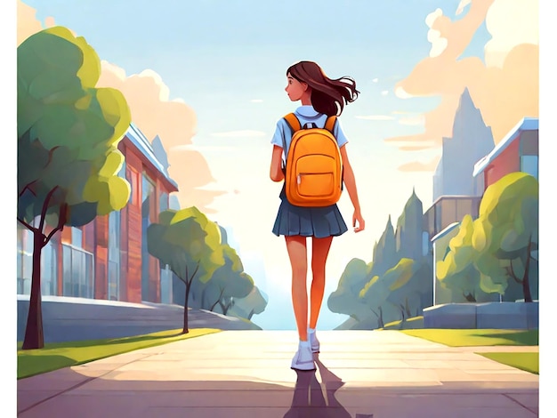 Vector vector girl with schoolbag walking isolated