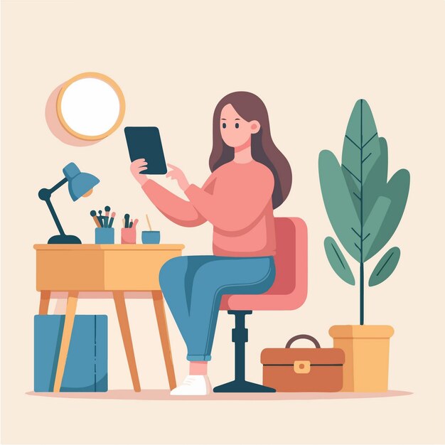 vector girl work on desk illustration