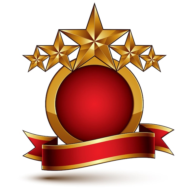 Vector vector glamorous round element with red filling, 3d polished five golden stars branded symbol with festive ribbon. dimensional decorative stars, elegant shaped blazon. eps8.