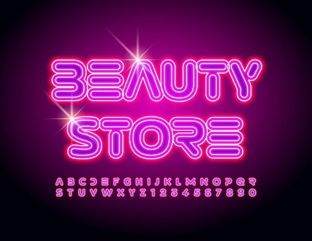 Vector glamour emblem beauty store with pink neon font electric alphabet letters and numbers set