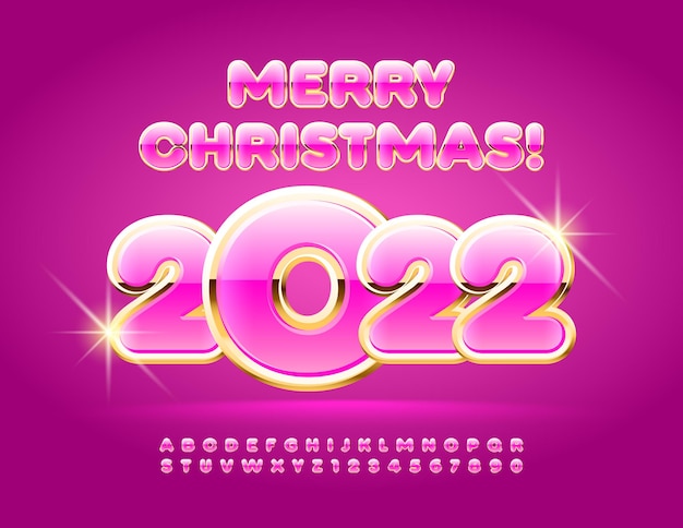 ベクトルグラマーグリーティングカードメリークリスマス2022ピンクとゴールドのアルファベットの文字と数字のセット