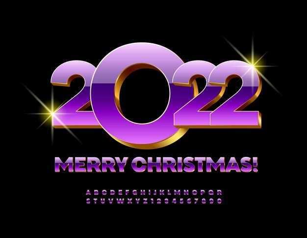 벡터 매력적인 인사말 카드 메리 크리스마스 2022 보라색과 금색 알파벳 문자와 숫자 세트