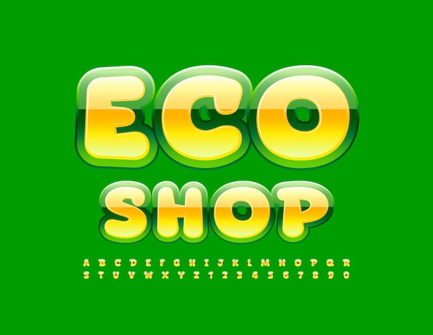 Vector glanzend embleem Eco Shop geel en groen lettertype moderne Alfabetletters en cijfers set