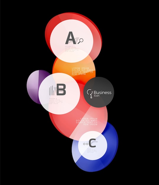 Vector glanzend glas kleur cirkels tekstballon op zwart Vector sjabloon achtergrond voor print workflow layout diagram nummeropties of webdesign banner