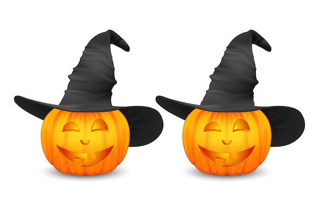 Vector glanzende Cartoon Halloween pompoen lantaarn met grappig gezicht en heks hoed Icon Set close-up geïsoleerd op wit vooraanzicht ontwerpsjabloon van realistische pompoen herfstvakantie Halloween Concept