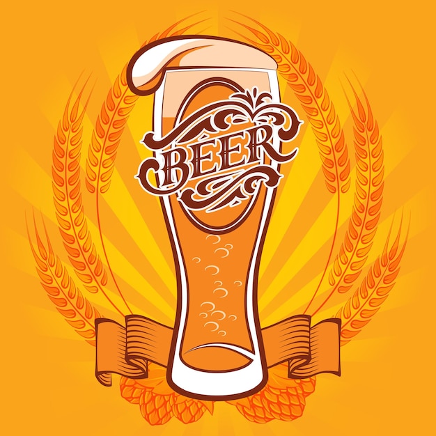 Vector glass of beer on a yellow background for the menu
