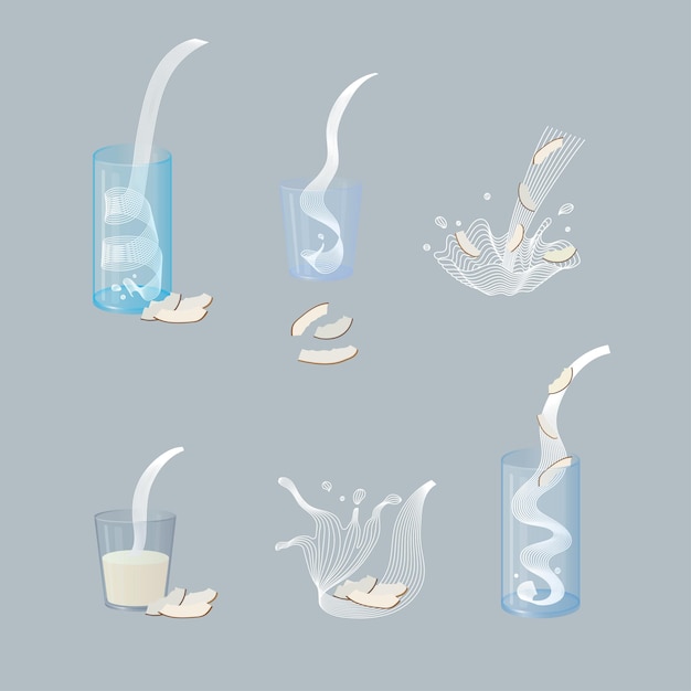 Vector vector glass of coconut milk with nuts. vegan organic milk splash pour illustration. healthy food