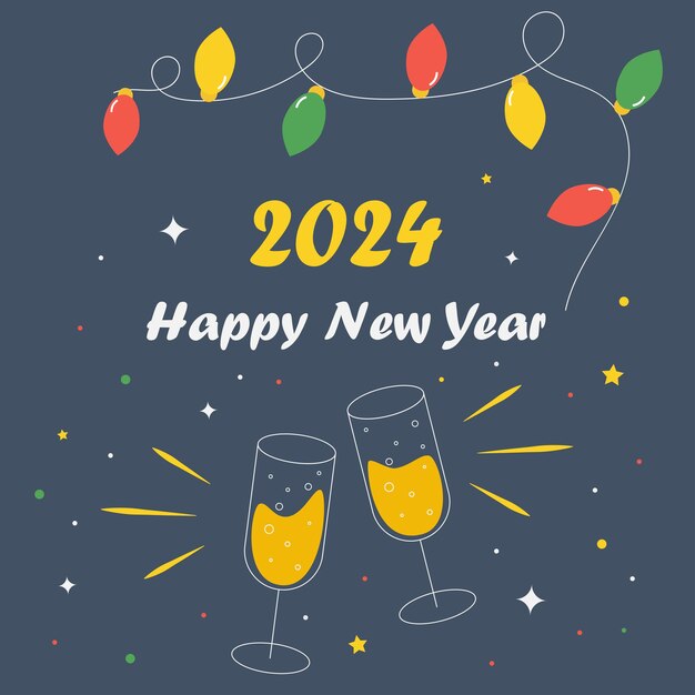 Vector glasses of champagne Happy New Year 2024 New Year card