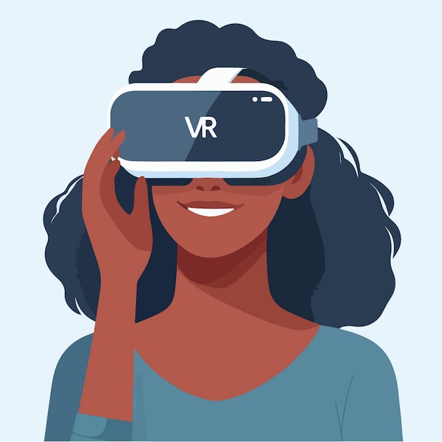 Vector vector glimlachende vrouw in vr-bril verkent elementen