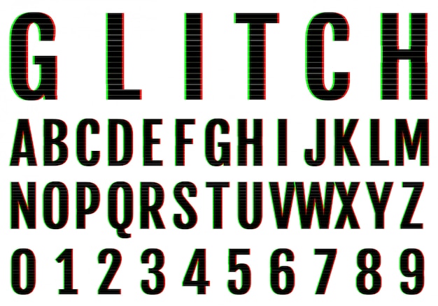 Vector glitch fonts pack.  letters and numbers vector illustration.