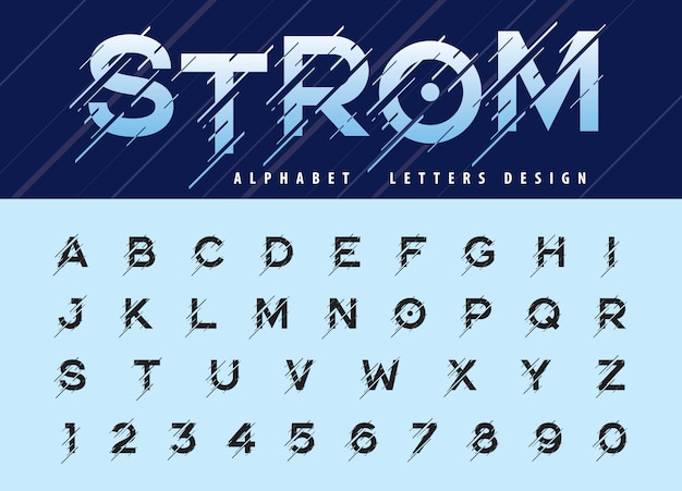 Vector of glitch modern alphabet letters and numbers, moving storm stylized fonts