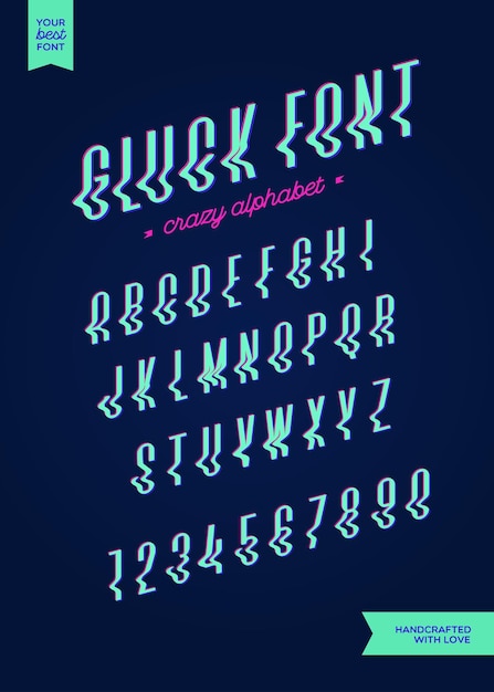 Vector glitch stijl alfabet moderne typografie schuin lettertype kleurrijk voor feest poster afdrukken op stof t-shirt promotie kinderboek wenskaart decoratie stempel label speciale aanbieding