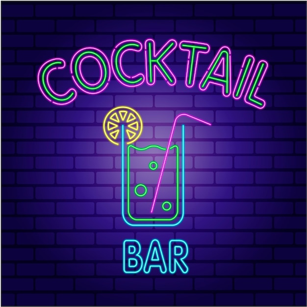 Vector gloeiend neonteken voor openluchtreclame van nachtcocktailbar die op een bakstenen muur wordt geïsoleerd