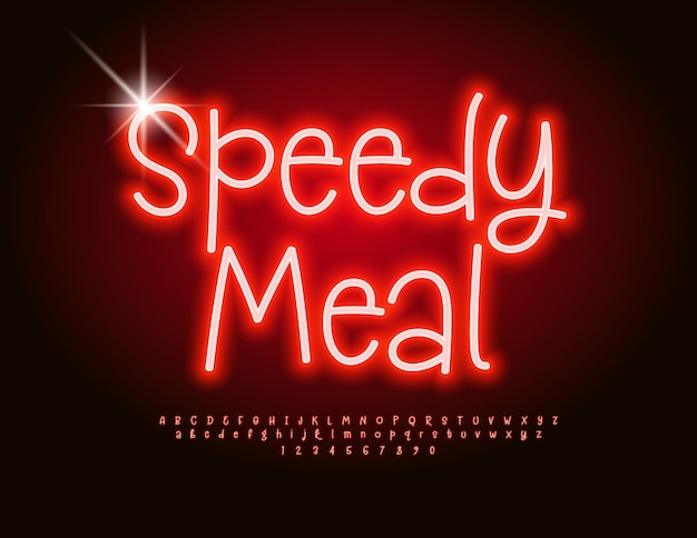 Vector gloeiende banner Speedy Meal Red Neon Font Grappige alfabet letters en cijfers set