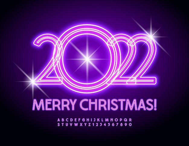 Vector gloeiende wenskaart Merry Christmas 2022 Violet lettertype Neon Alfabetletters en cijfers