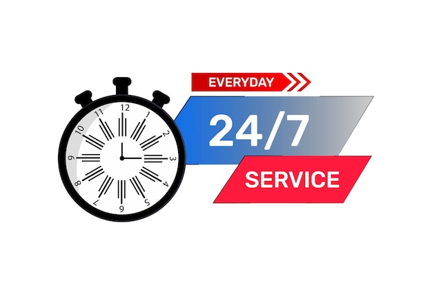 Vector glossy 24 hour and 7 days service with clock vector illustration