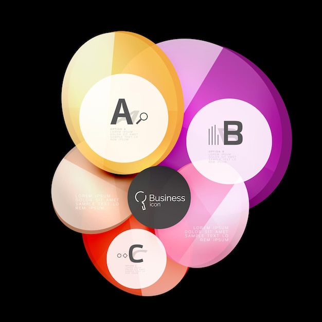 Bolla vocale con cerchi di colore in vetro lucido vettoriale su sfondo nero del modello vettoriale per le opzioni del numero del diagramma di layout del flusso di lavoro di stampa o il banner di web design