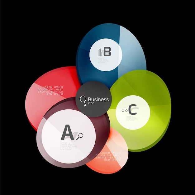 Векторные глянцевые стеклянные цветные круги речевой пузырь на черном Векторный фон шаблона для вариантов номера схемы рабочего процесса печати или баннера веб-дизайна