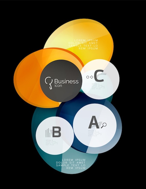 Векторные глянцевые стеклянные цветные круги речевой пузырь на черном Векторный фон шаблона для вариантов номера схемы рабочего процесса печати или баннера веб-дизайна