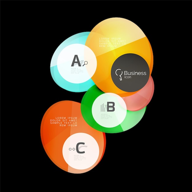 Векторные глянцевые стеклянные цветные круги речевой пузырь на черном Векторный фон шаблона для вариантов номера схемы рабочего процесса печати или баннера веб-дизайна