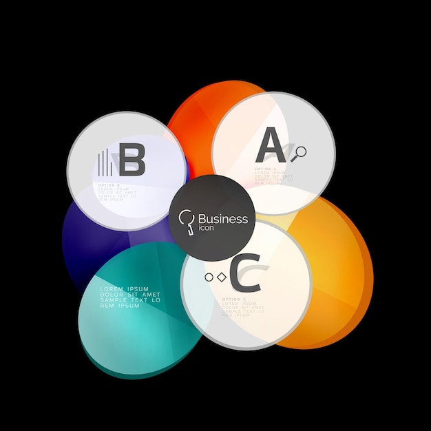 Векторные глянцевые стеклянные цветные круги речевой пузырь на черном Векторный фон шаблона для вариантов номера схемы рабочего процесса печати или баннера веб-дизайна