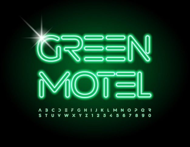 Vector glowing emblem Green Motel Bright futuristic Font Neon Alphabet Letters and Numbers set