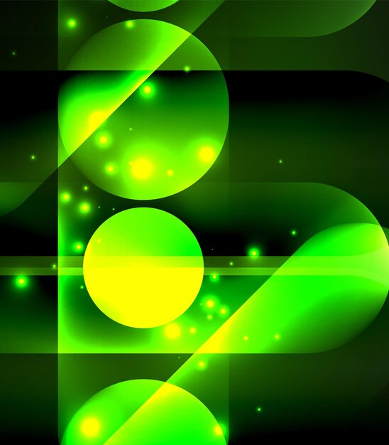 Vector glowing geometric shapes round elements and circles on dark background