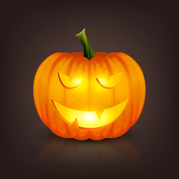 Vettore incandescente lucido cartone animato zucca di halloween lanterna con faccia buffa vista frontale modello di progettazione di realistico zucca jack o lantern vacanze autunnali concetto di halloween