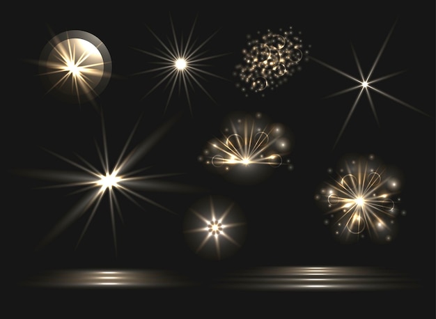 Vector glowing light effects set explosions and stars glittering design elements isolated on dark background