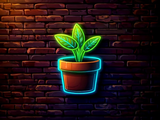 Vector vector glowing neon plant in pot icon isolated on brick wall background plant growing in a pot potte