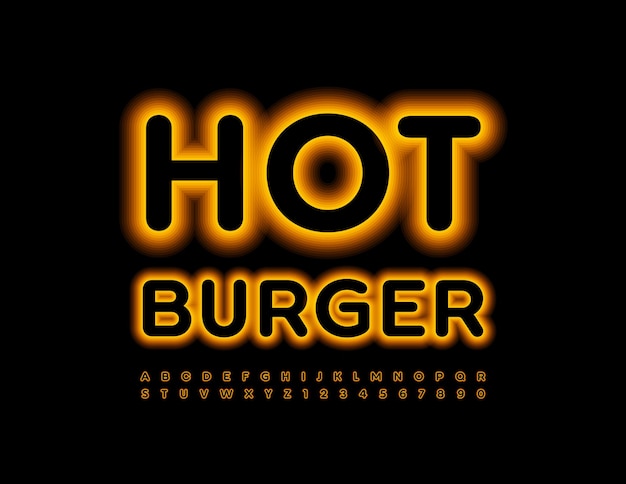 Векторный светящийся знак hot burger neon bright font illuminated alphabet letters and numbers set
