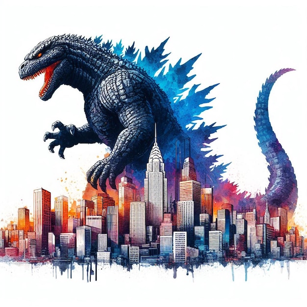 Vector a Godzilla in front of a city skyline background