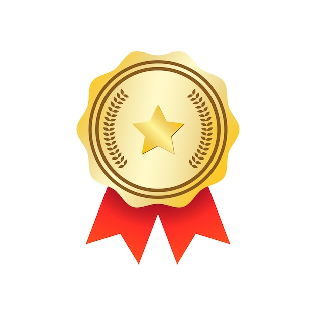 Vector gold badge award with ribbons icon shiny metal reward symbol flat vector