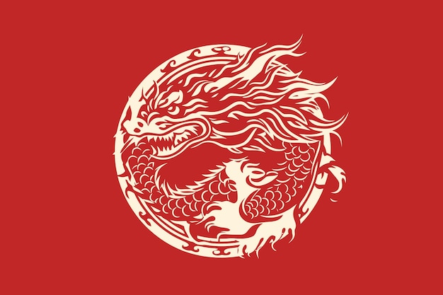 Vector gold chinese dragon sticker label red background