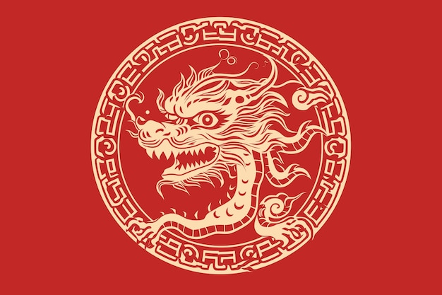 Vector gold chinese dragon sticker label red background