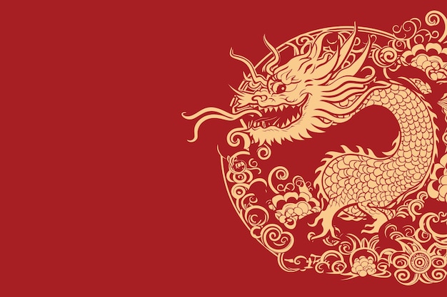 Vector gold chinese dragon sticker label red background