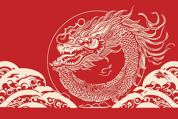 Vector gold chinese dragon sticker label red background