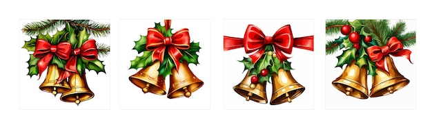 Vector gold christmas bells with bows and holly isolated on a white background vector illustration