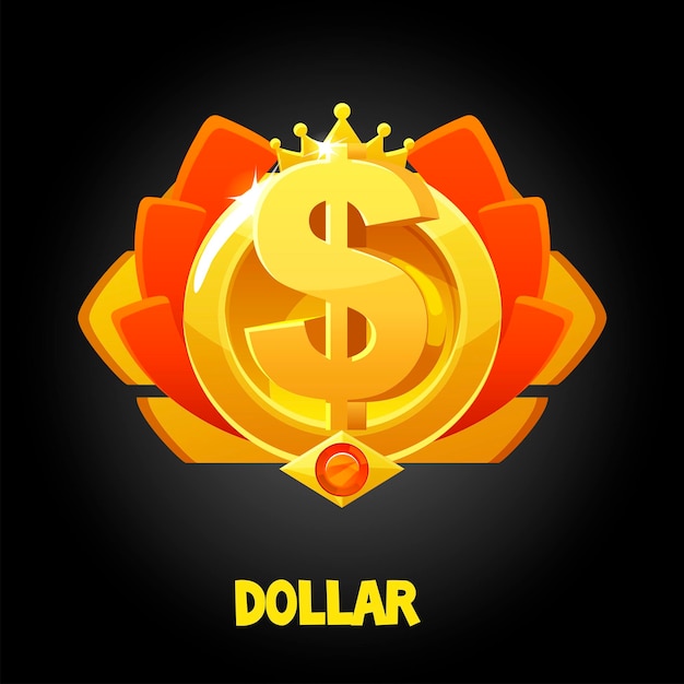 Vector gold dollar award with crown for game. Cash award icon for the winner.