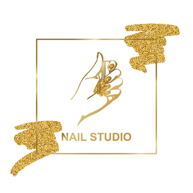 Emblema vettoriale in oro con una mano femminile in uno stile lineare minimalista alla moda. logo per un salone di bellezza o un manicure. modello per il confezionamento di crema per le mani o smalto per unghie, unghie, sapone, negozio di bellezza.