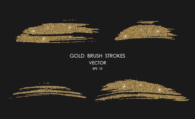 Vector vector gold paint smears set. glitter elements isolated on black background.abstract shiny brush str