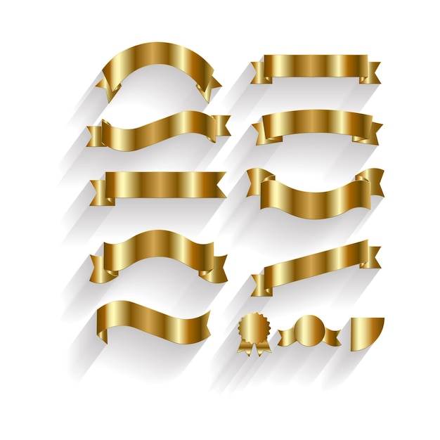 Vector gold ribbons set with white background