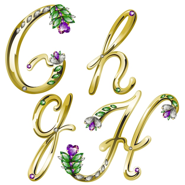 Vector vector gold shiny floral alphabet with diamonds and gems letters g h