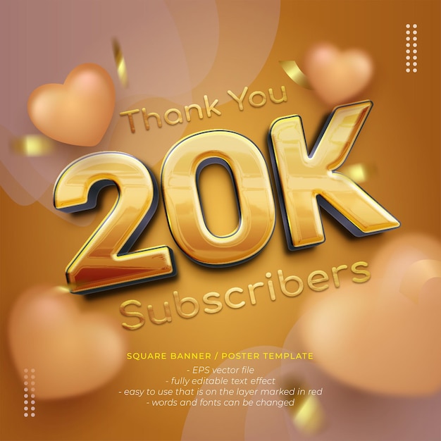 Vector gold square celebration banner for 20k followers with design poster or instagram posts