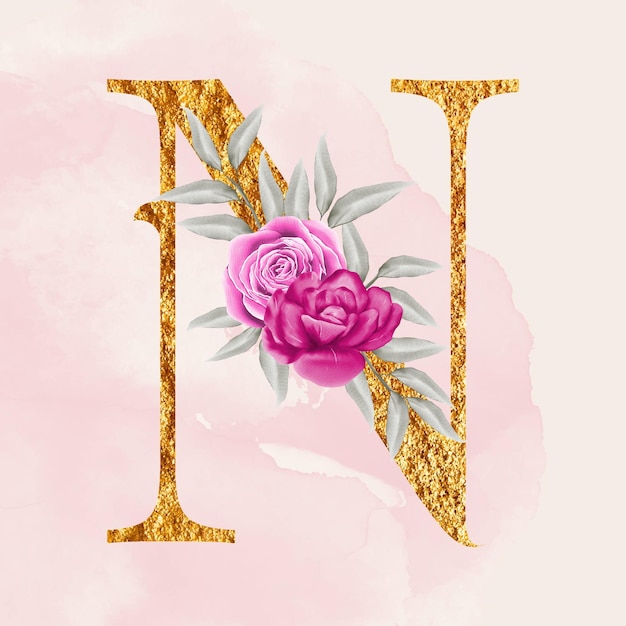 Vector vector golden alphabet n with watercolor flowers on pink background