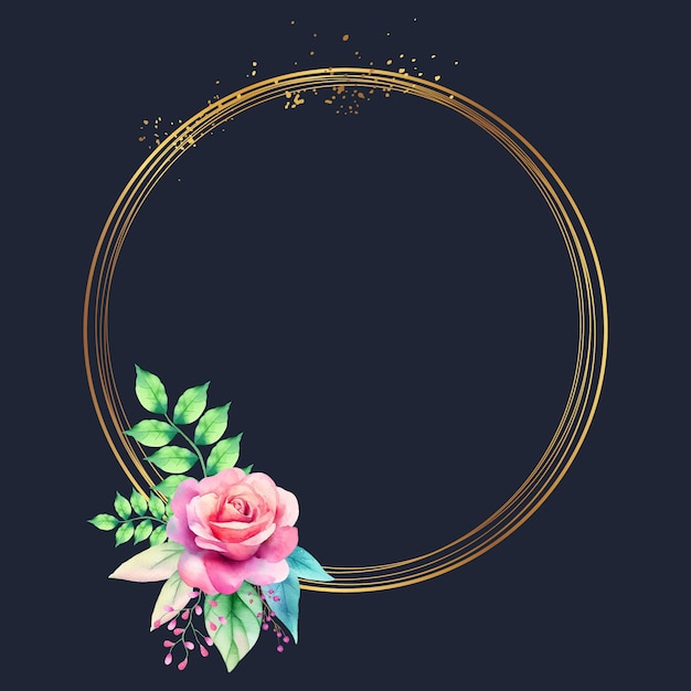 Vector golden circle frame with colorful watercolor floral wreath