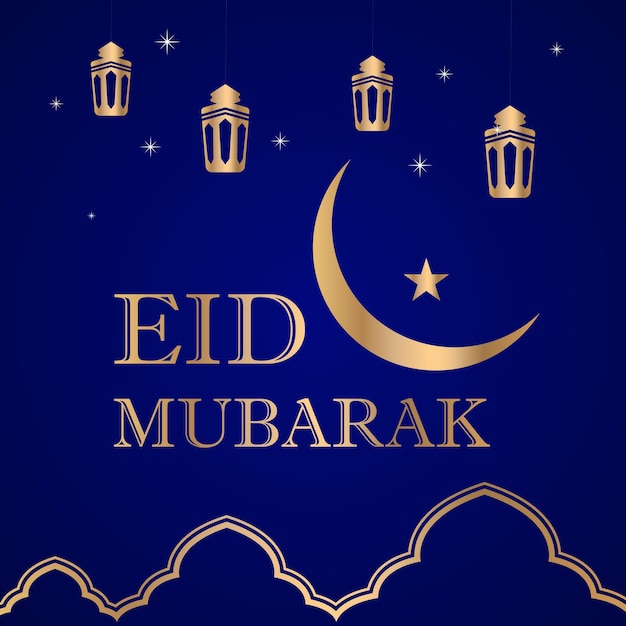 Vector golden eid mubarak with star lamp and mon