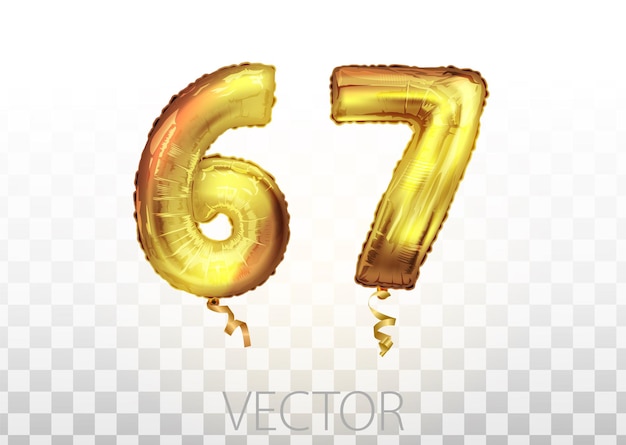 Vector golden foil numero 67 sessantasette palloncino metallico. palloncini dorati decorazione festa. segno di anniversario per buone vacanze, feste, compleanni